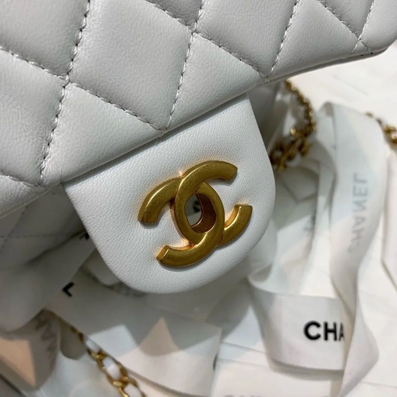 Chanel Flap Bag With CC Ball On Strap Mini Crossbody / White Gold Hardware - Image 10