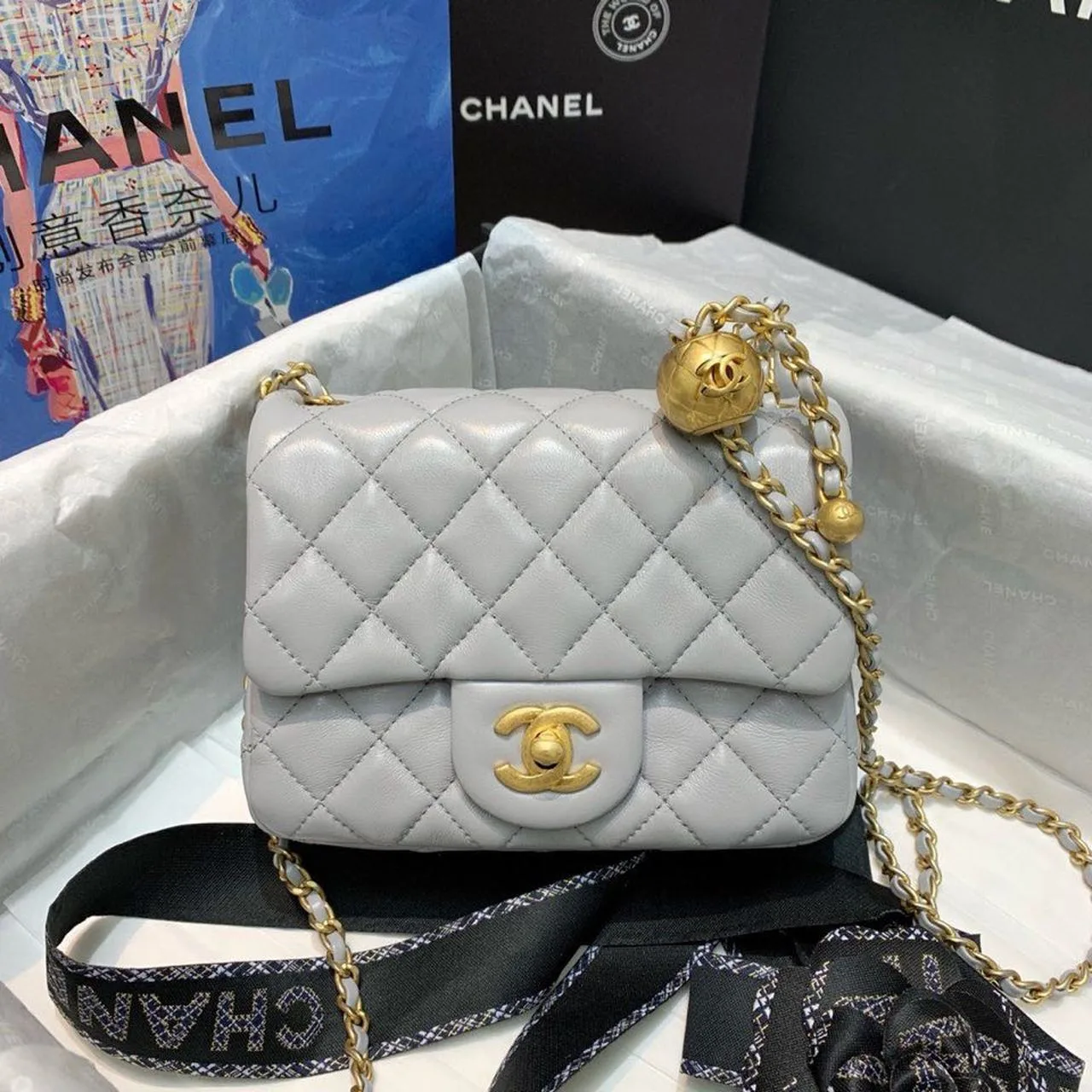 Chanel Classic Flap Bag With Charm Chain Mini Crossbody / Grey Gold Hardware - Image 3