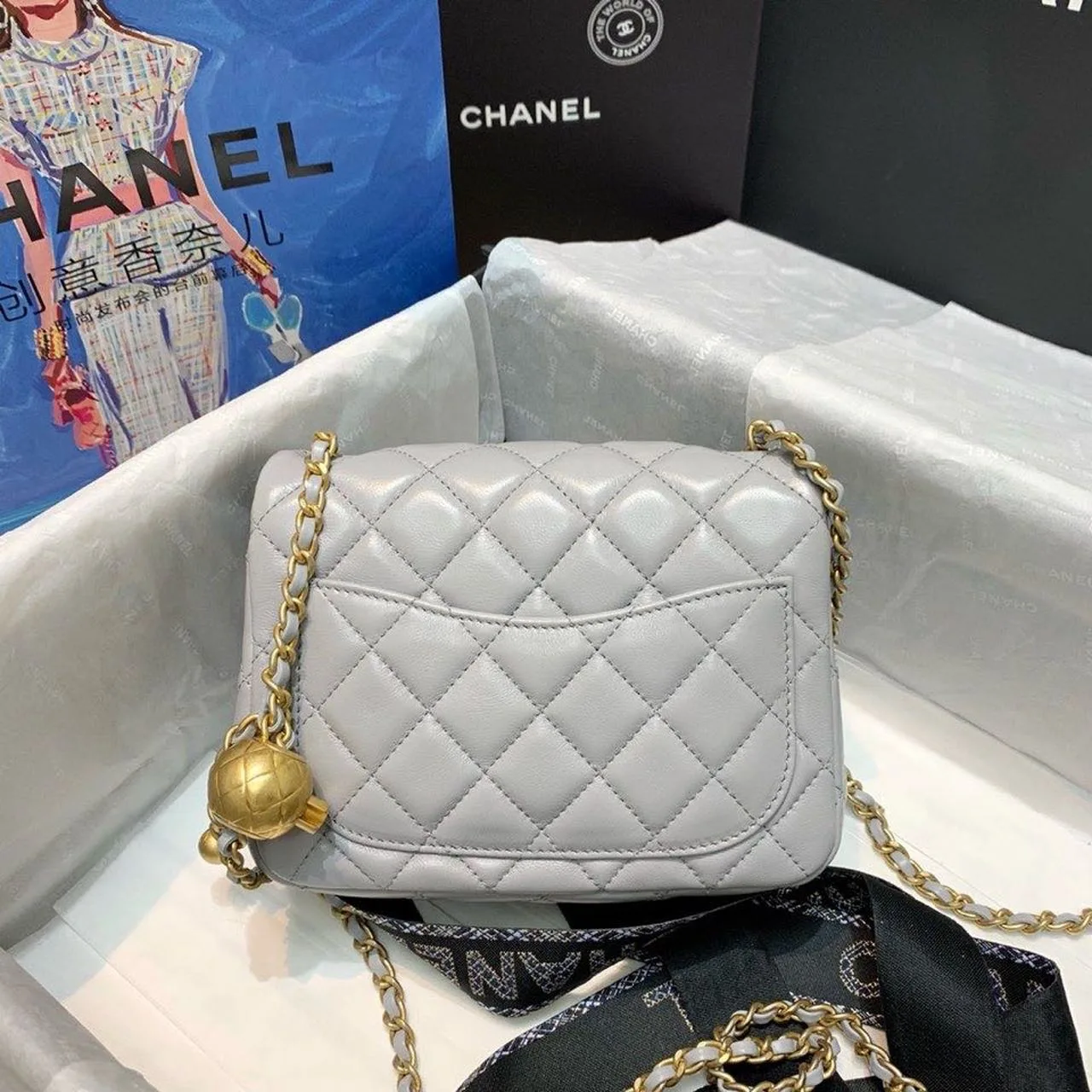 Chanel Classic Flap Bag With Charm Chain Mini Crossbody / Grey Gold Hardware - Image 6