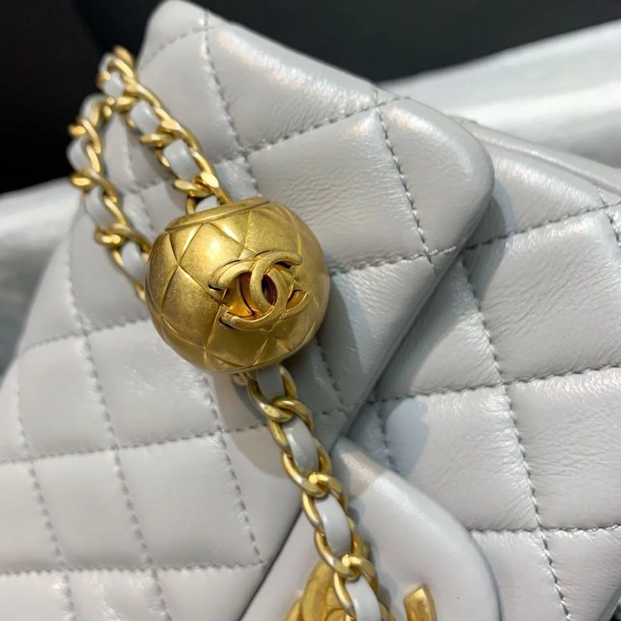 Chanel Classic Flap Bag With Charm Chain Mini Crossbody / Grey Gold Hardware - Image 9