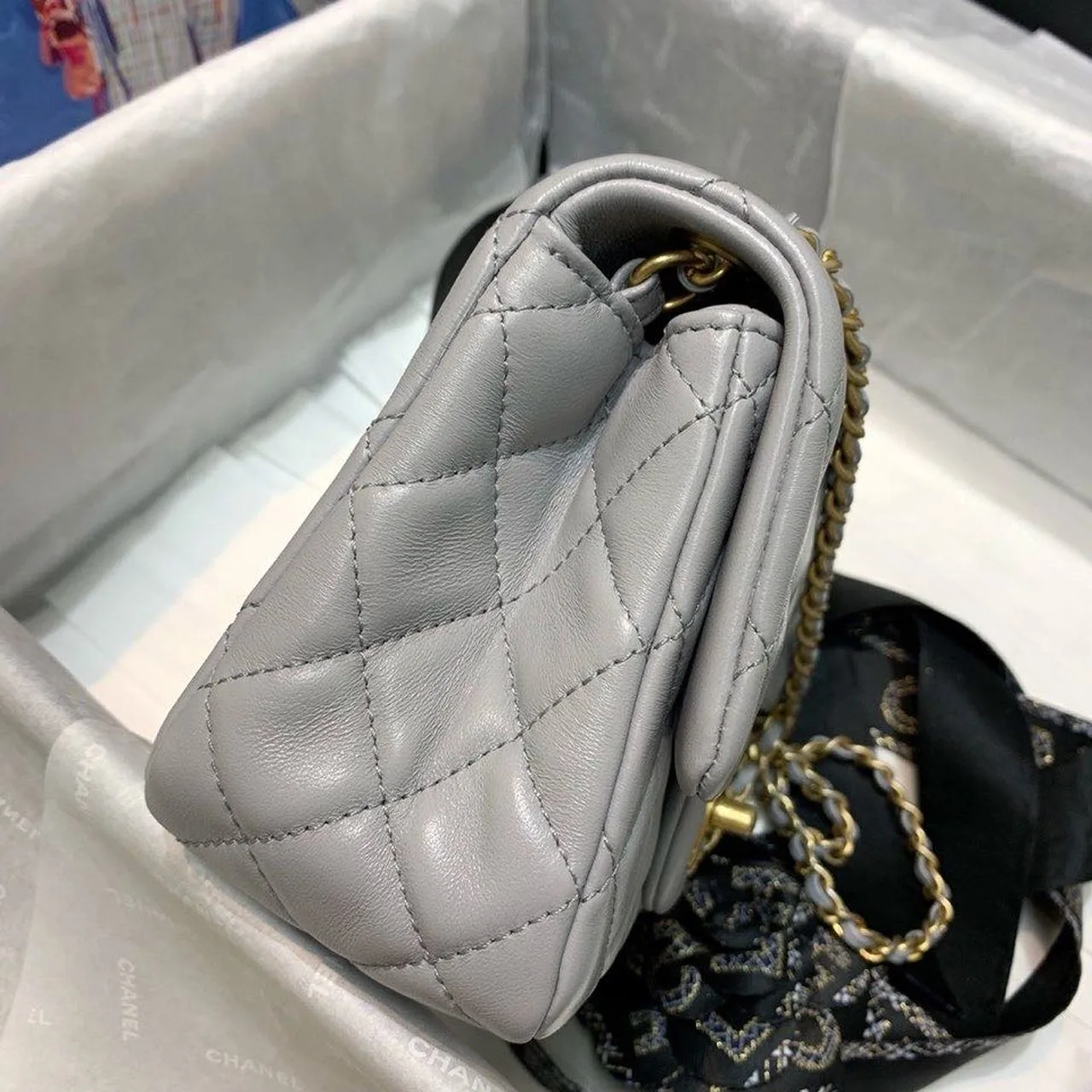Chanel Classic Flap Bag With Charm Chain Mini Crossbody / Grey Gold Hardware - Image 7