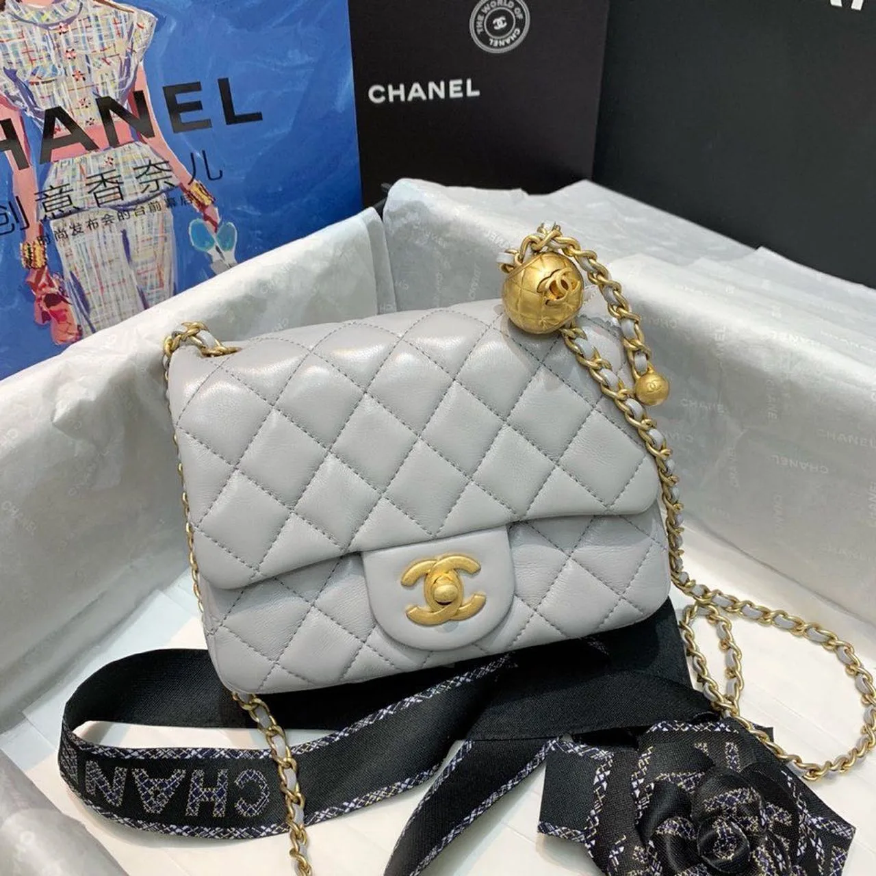 Chanel Classic Flap Bag With Charm Chain Mini Crossbody / Grey Gold Hardware - Image 4