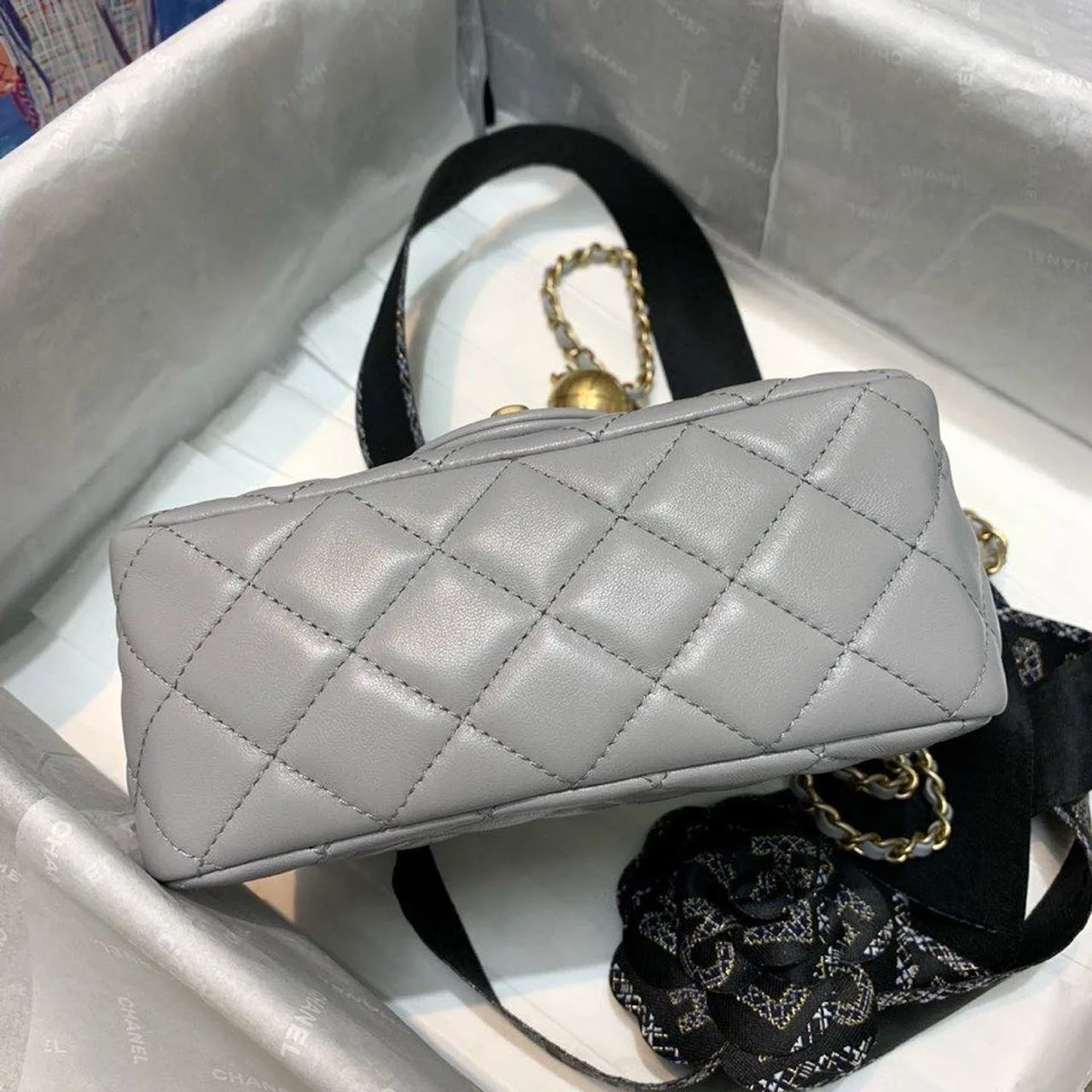 Chanel Classic Flap Bag With Charm Chain Mini Crossbody / Grey Gold Hardware - Image 8