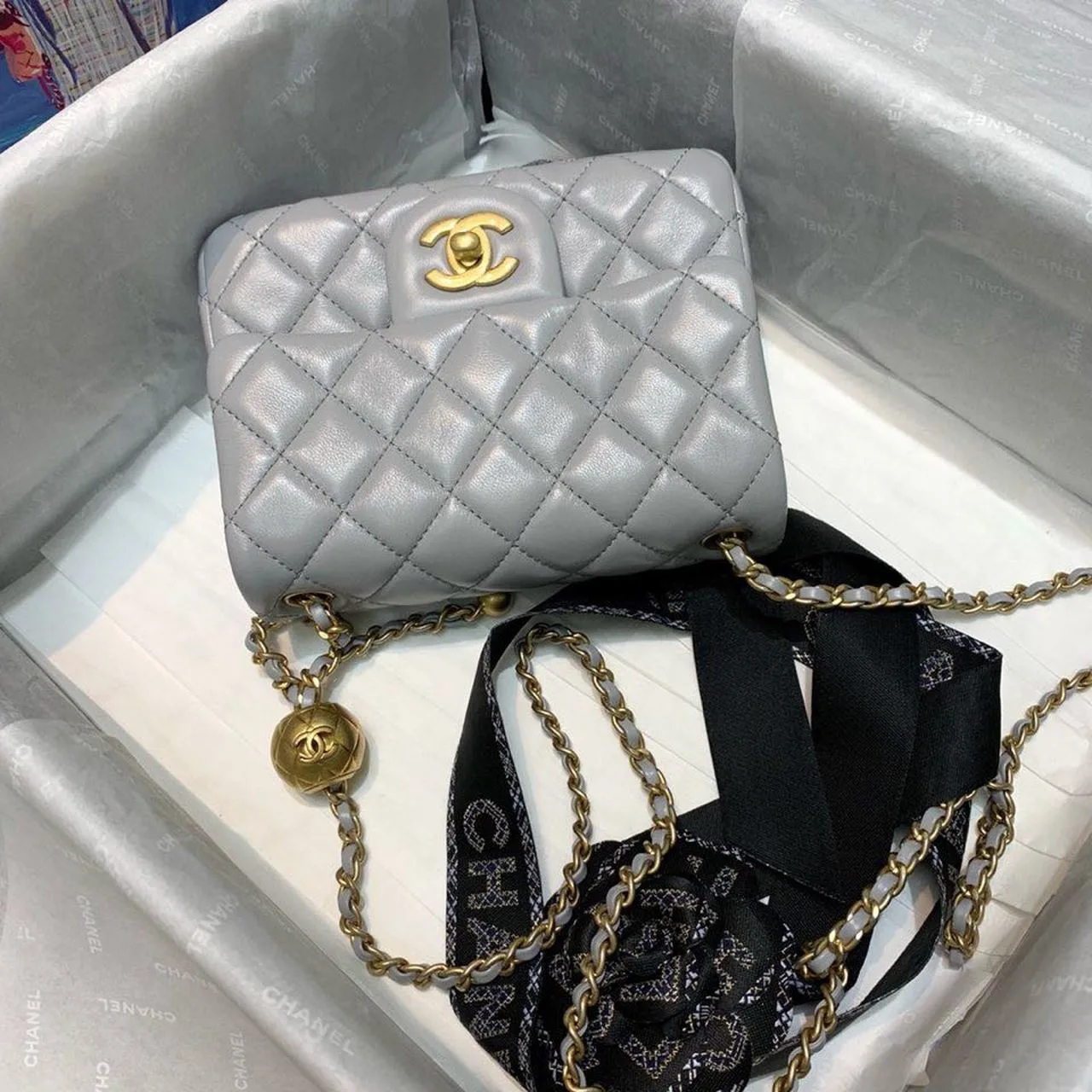 Chanel Classic Flap Bag With Charm Chain Mini Crossbody / Grey Gold Hardware - Image 5