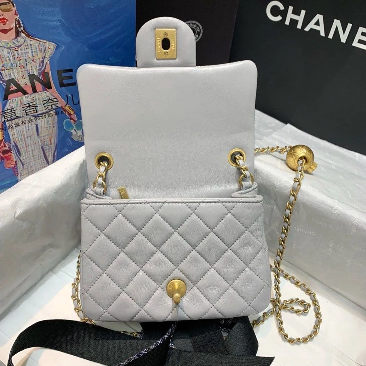 Chanel Classic Flap Bag With Charm Chain Mini Crossbody / Grey Gold Hardware - Image 10