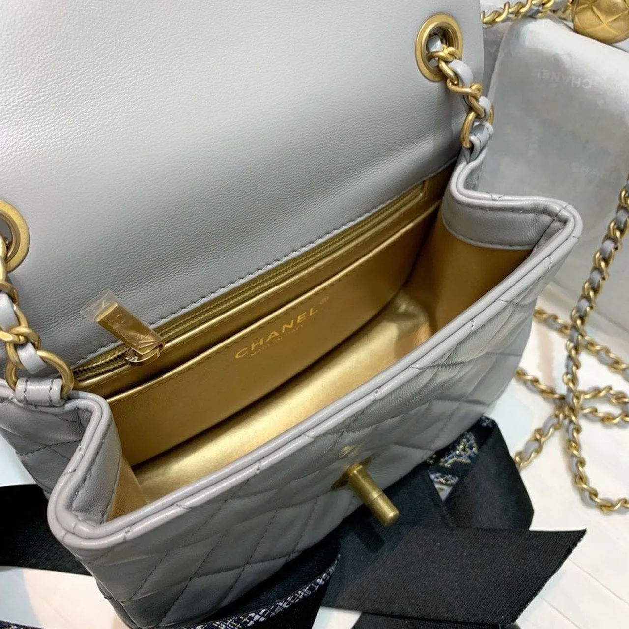 Chanel Classic Flap Bag With Charm Chain Mini Crossbody / Grey Gold Hardware - Image 11