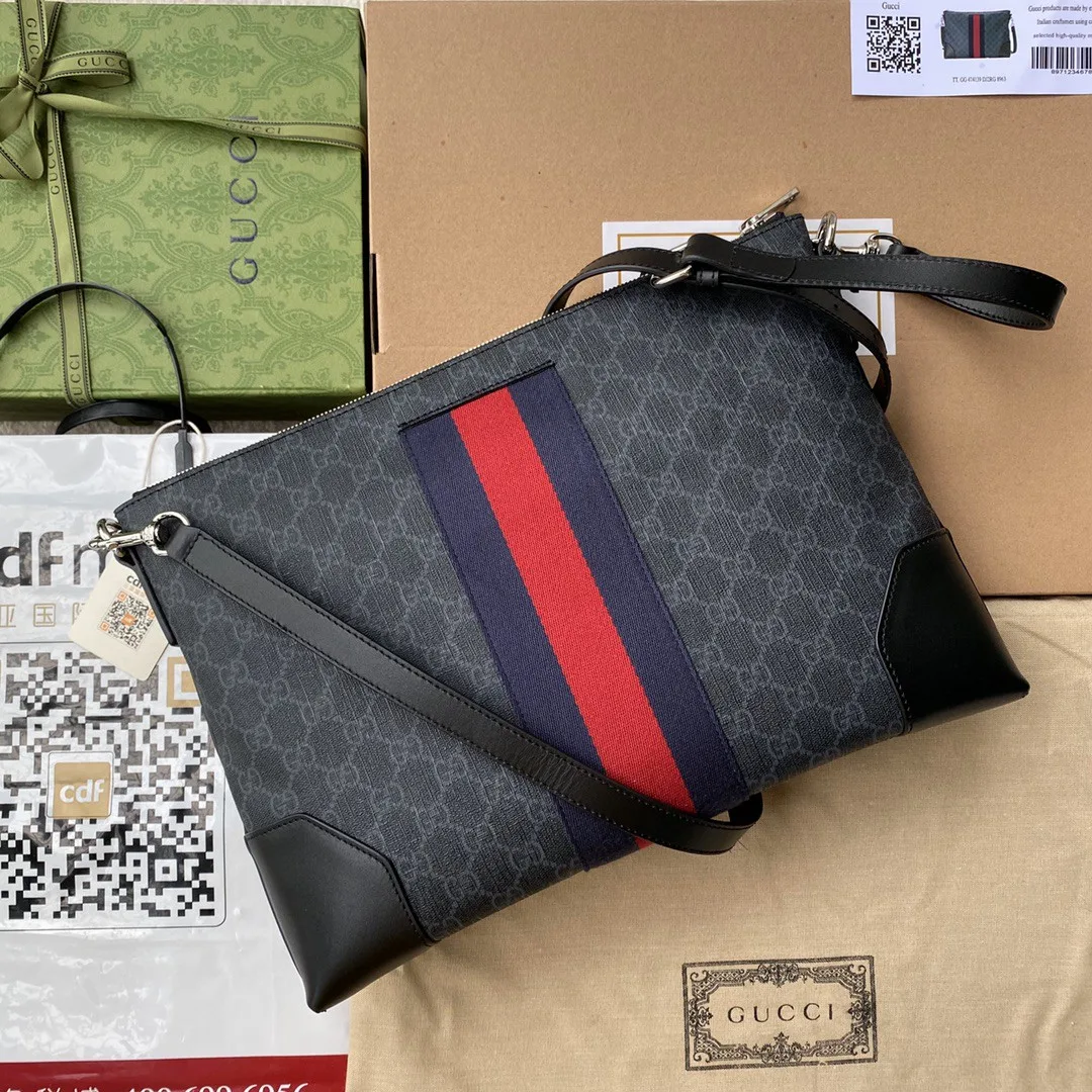 Alternative view of Gucci Black Messenger Black/Grey GG Supreme Canvas Blue And Red Web /