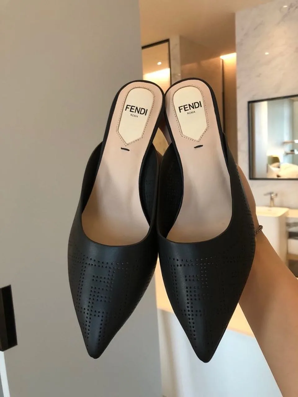 Fendi Colibri Perforated FF Sabot Mules Spring/Summer 2020 Collection, Black - Image 3