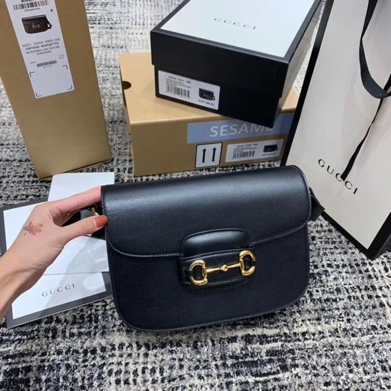 Alternative view of Gucci Horsebit 1955 Shoulder Bag Black Textured With A Vintage Effect / GG