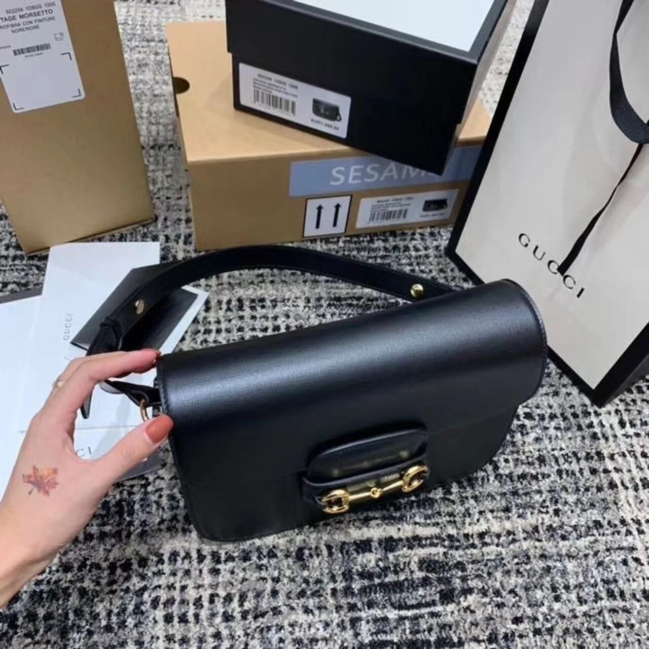 Gucci Horsebit 1955 Shoulder Bag Black Textured With A Vintage Effect / GG - Image 8