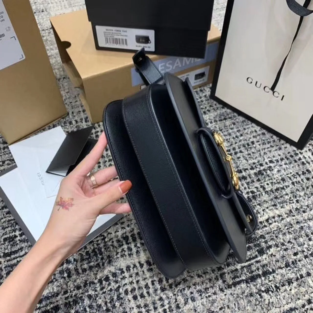 Gucci Horsebit 1955 Shoulder Bag Black Textured With A Vintage Effect / GG - Image 10
