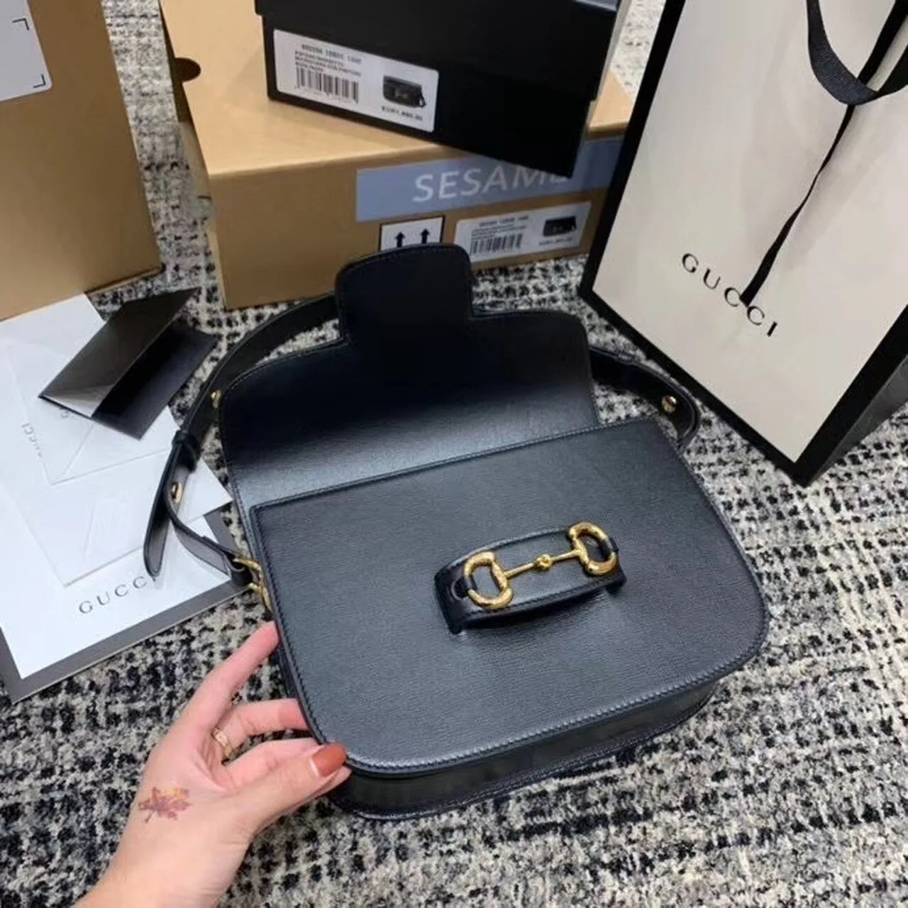 Gucci Horsebit 1955 Shoulder Bag Black Textured With A Vintage Effect / GG - Image 13