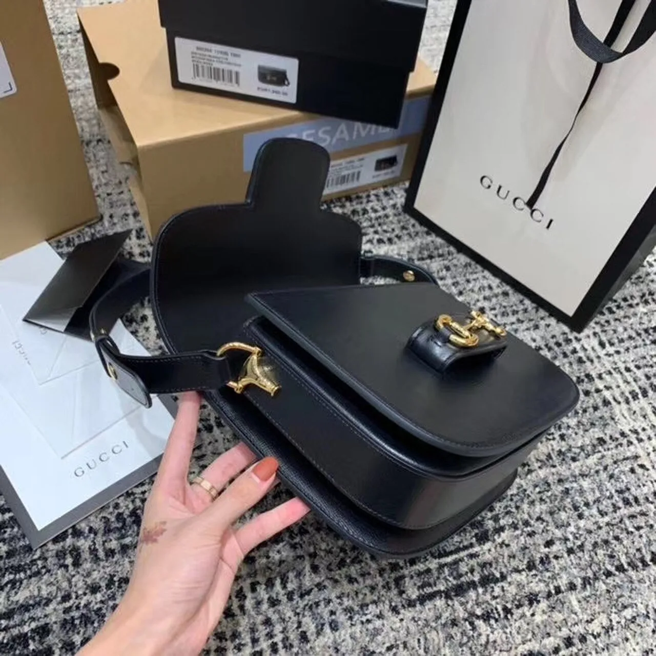 Gucci Horsebit 1955 Shoulder Bag Black Textured With A Vintage Effect / GG - Image 12