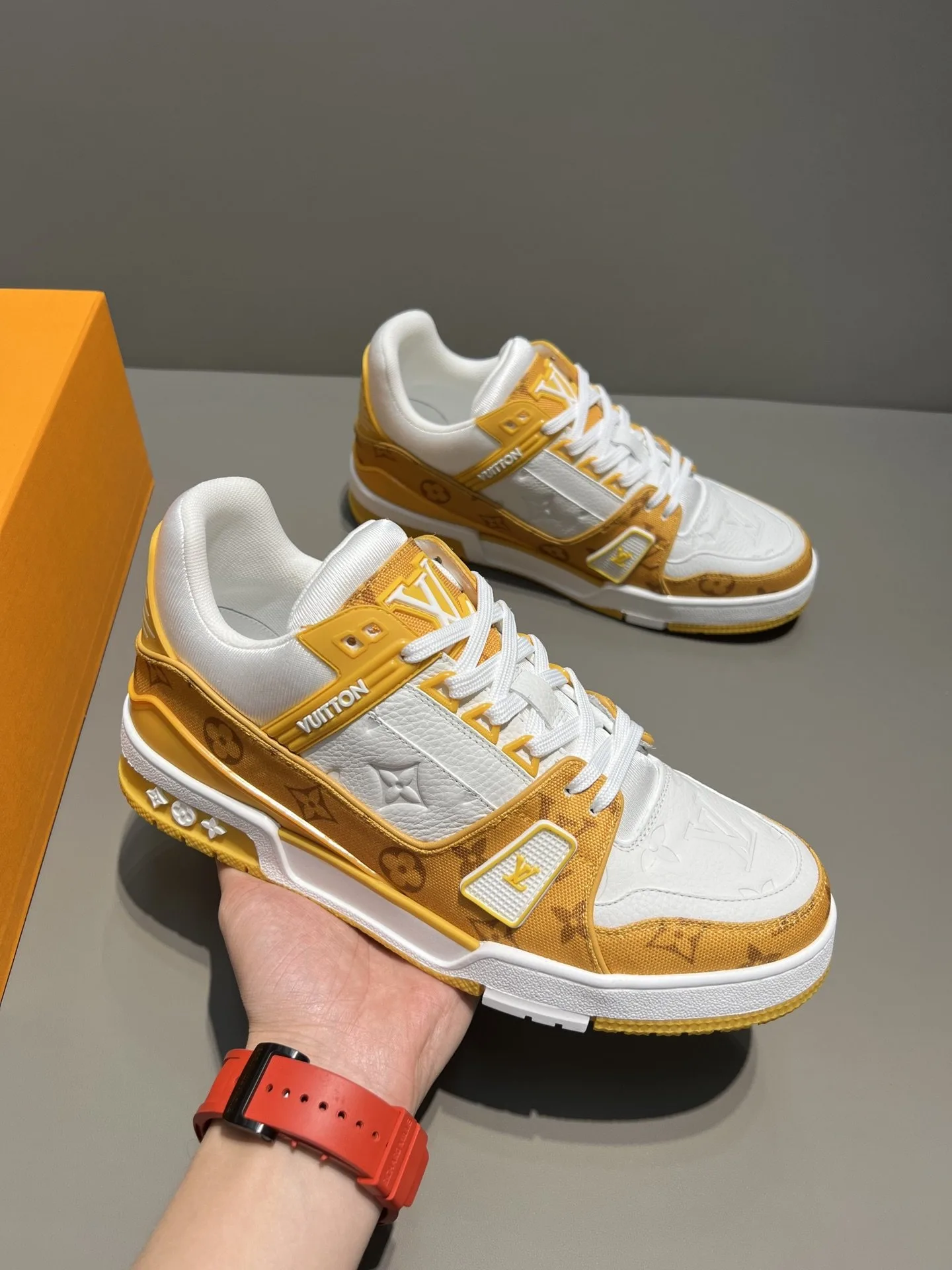 Louis Vuitton Trainer Sneaker Monogram Denim Yellow Virgil Abloh LV 1A9JHJ - Image 7