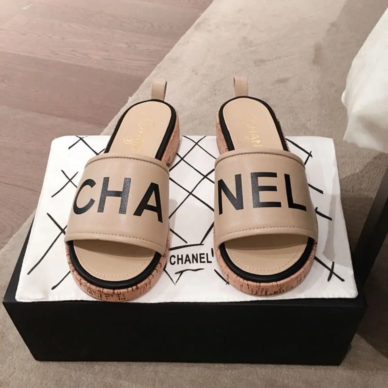 Alternative view of Chanel Woven Chain Cork Sandals Tweed Beige/Black , Shoes