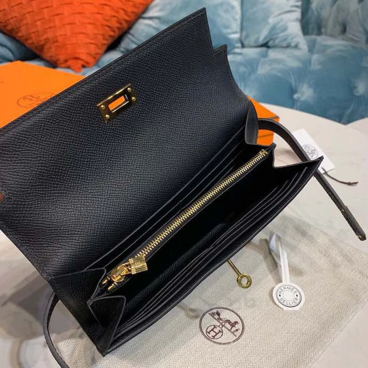 Hermes Kelly Wallet To Go Woc Black With Gold Toned Hardware Bag / - Image 11