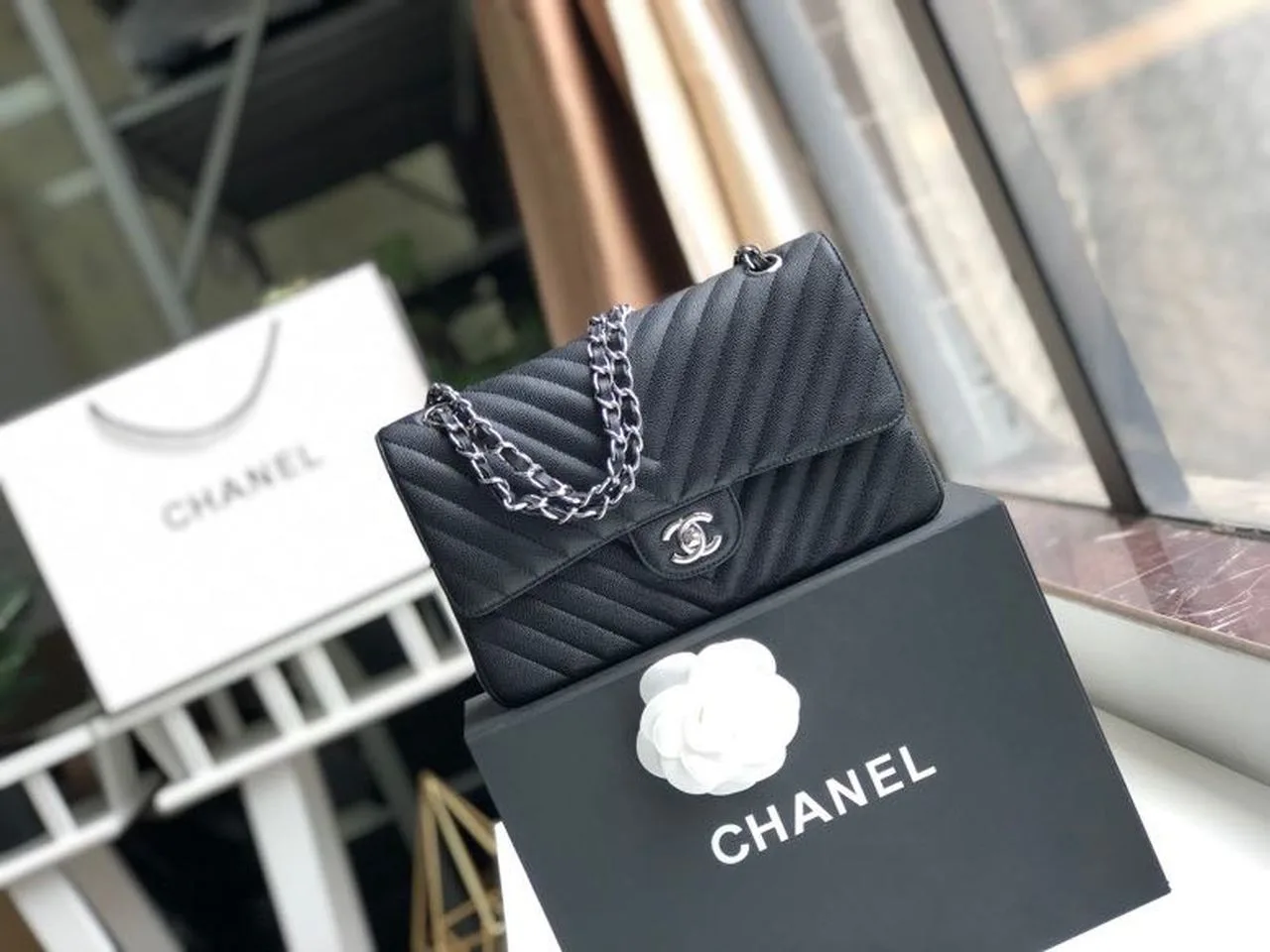 Chanel Chevron Classic Medium Crossbody Bag / Black Silver Hardware - Image 2