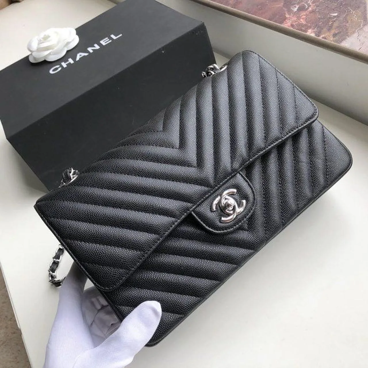 Chanel Chevron Classic Medium Crossbody Bag / Black Silver Hardware - Image 3