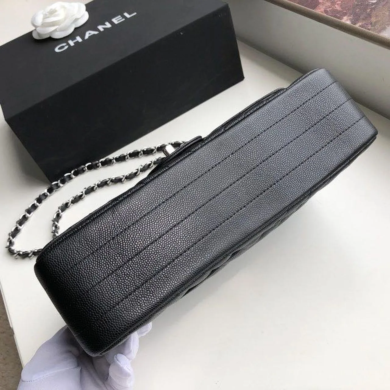 Chanel Chevron Classic Medium Crossbody Bag / Black Silver Hardware - Image 6