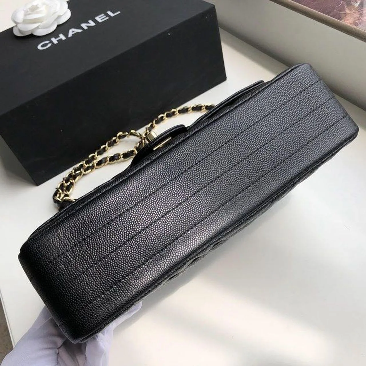 Chanel Chevron Classic Flap Medium Crossbody Bag / Black Gold Toned Hardware - Image 6