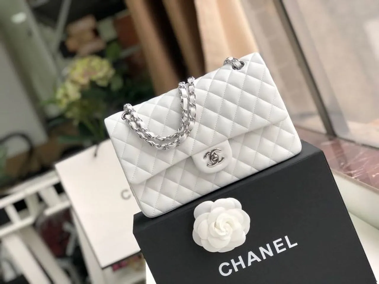 Chanel Classic Double Flap Bag Medium Crossbody / White Silver Hardware - Image 3