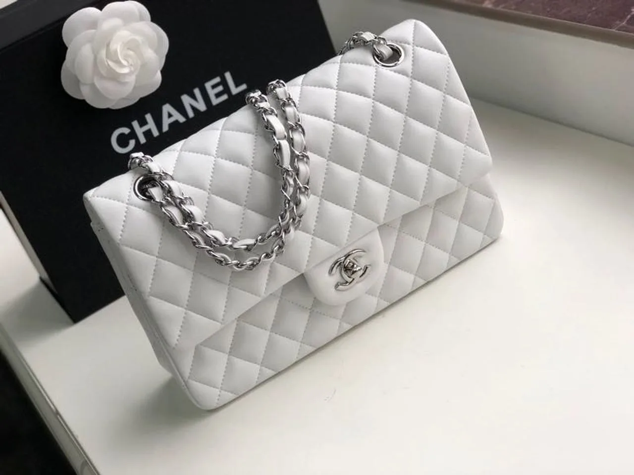 Chanel Classic Double Flap Bag Medium Crossbody / White Silver Hardware - Image 4