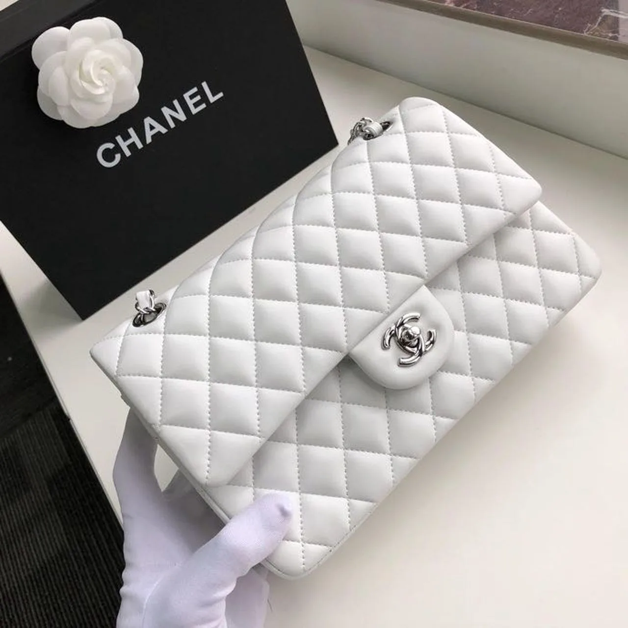 Chanel Classic Double Flap Bag Medium Crossbody / White Silver Hardware - Image 5