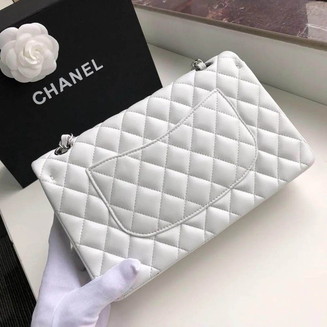 Chanel Classic Double Flap Bag Medium Crossbody / White Silver Hardware - Image 6