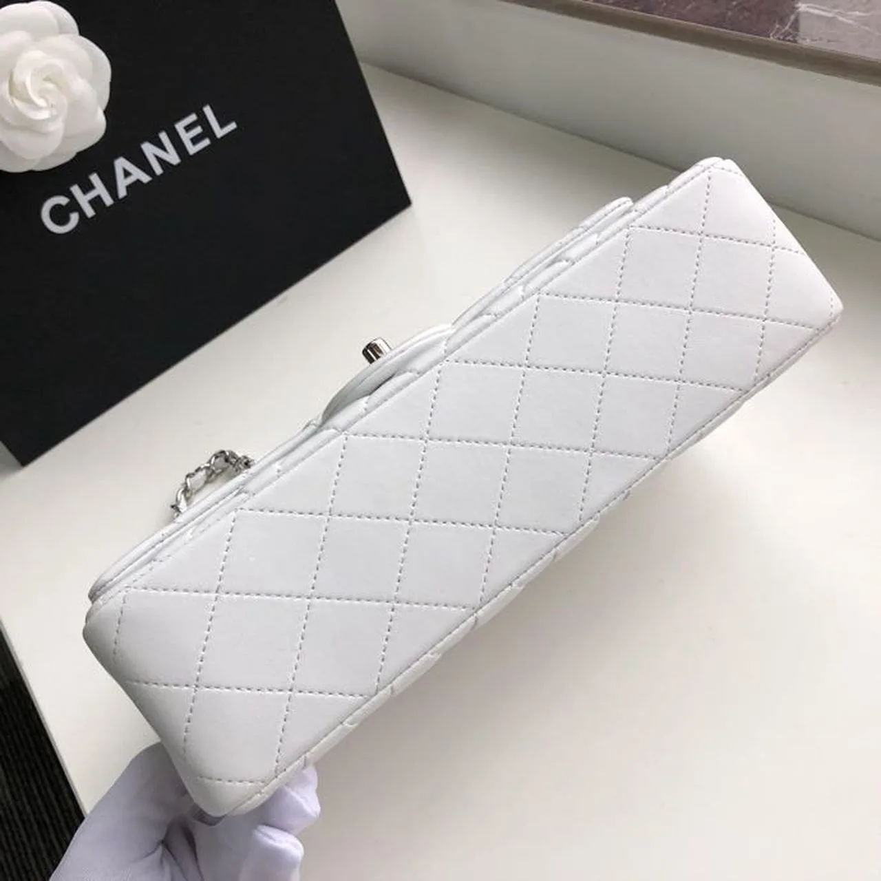 Chanel Classic Double Flap Bag Medium Crossbody / White Silver Hardware - Image 7