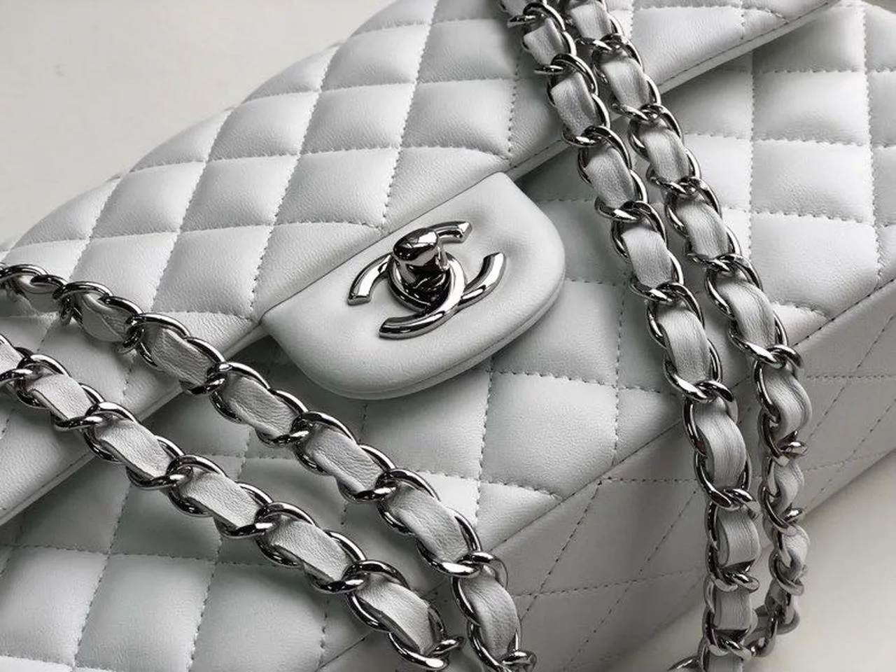 Chanel Classic Double Flap Bag Medium Crossbody / White Silver Hardware - Image 9