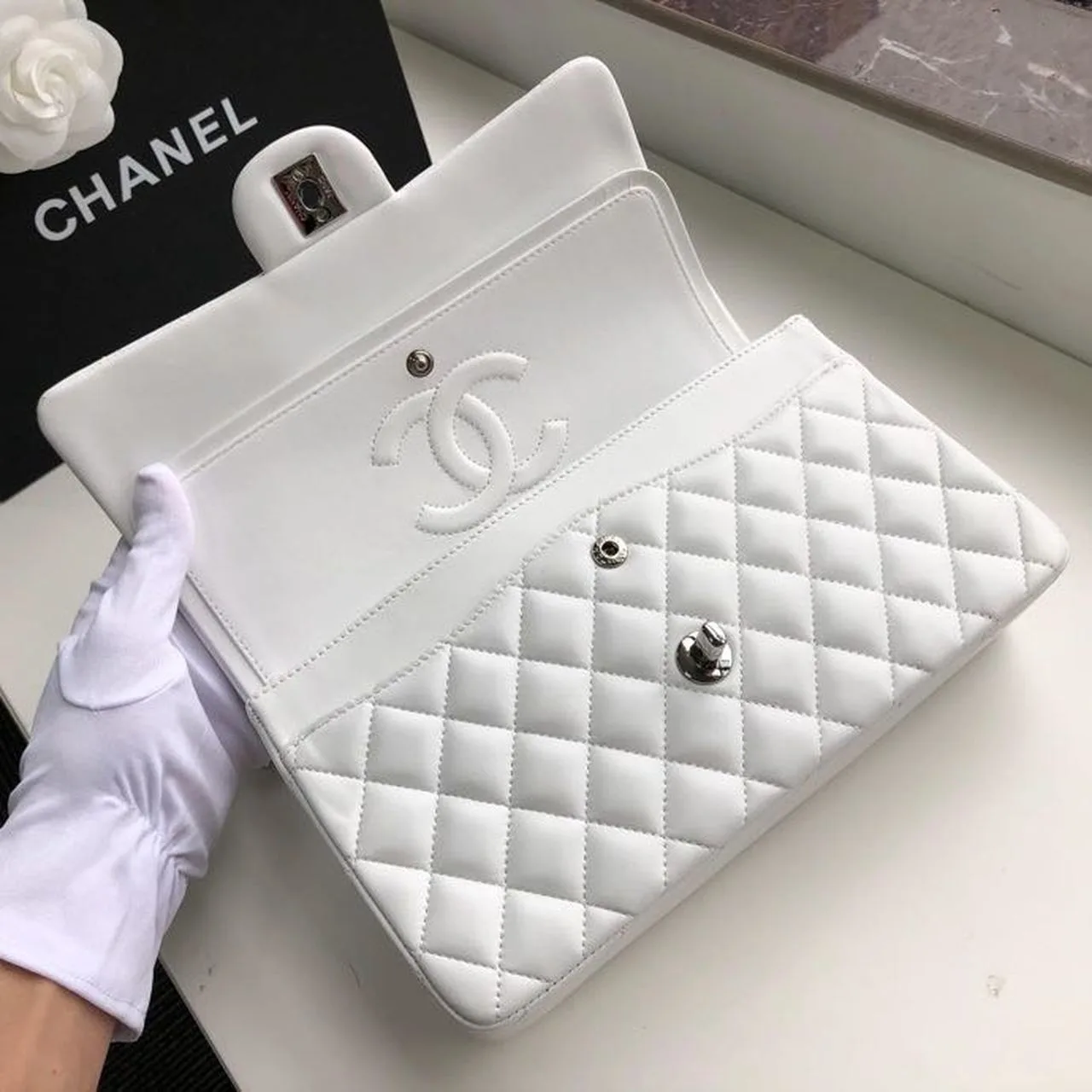 Chanel Classic Double Flap Bag Medium Crossbody / White Silver Hardware - Image 8