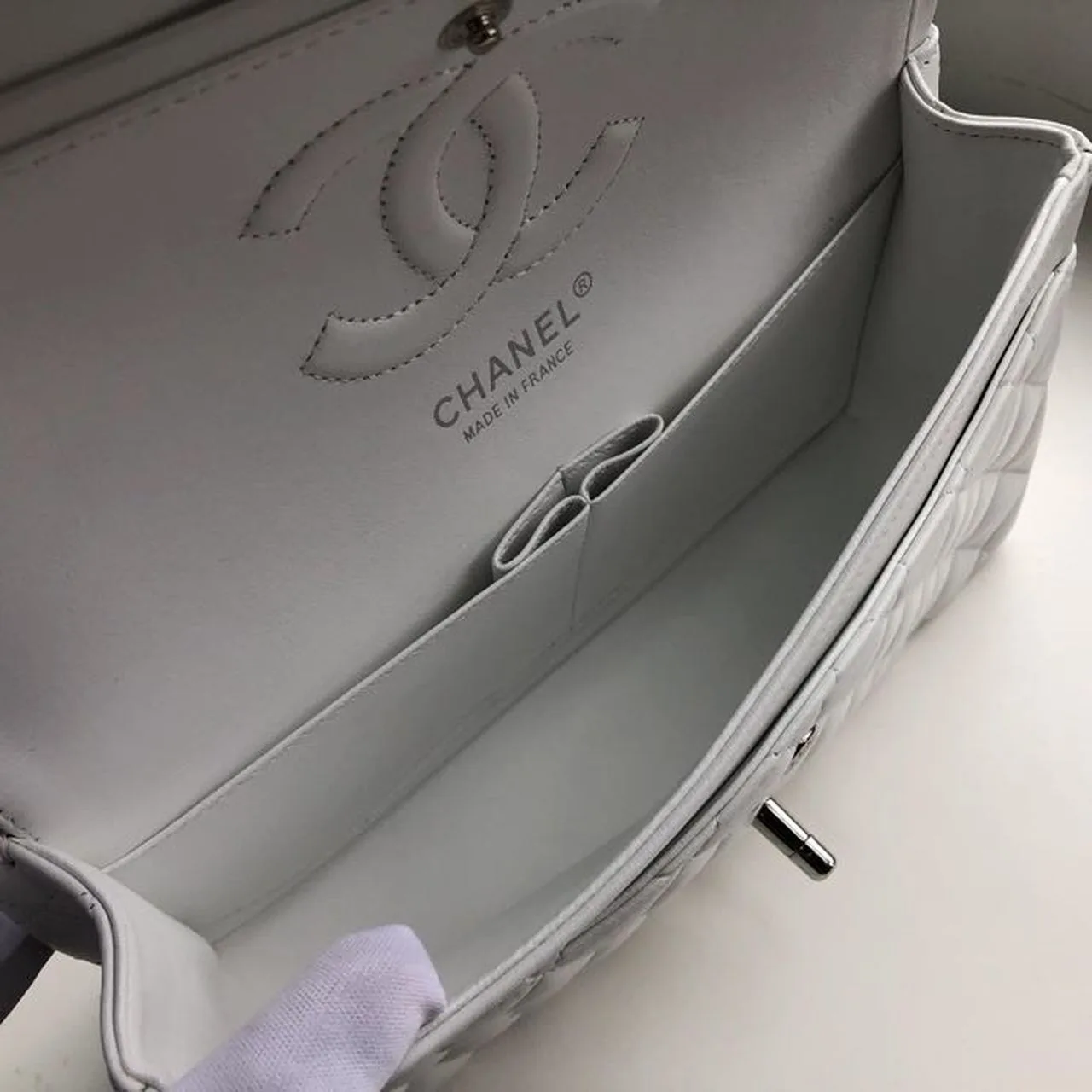 Chanel Classic Double Flap Bag Medium Crossbody / White Silver Hardware - Image 10