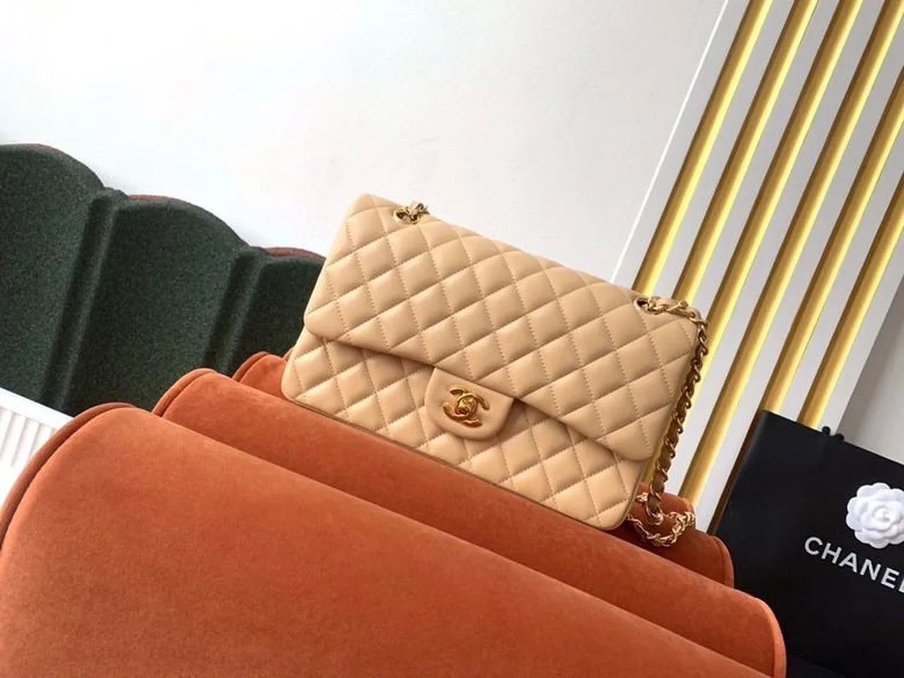 Chanel Classic Double Flap Bag Medium Crossbody / Beige Gold Hardware - Image 3