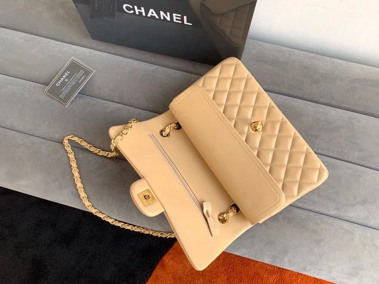 Chanel Classic Double Flap Bag Medium Crossbody / Beige Gold Hardware - Image 5