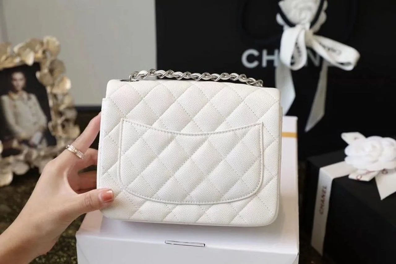 Chanel Classic Flap Bag Mini Crossbody / White Silver Hardware - Image 7