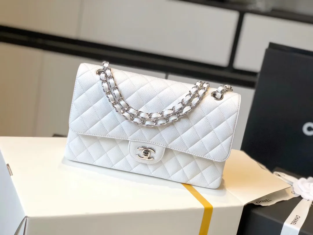 Chanel Classic Flap Bag Medium Crossbody / White Silver Hardware - Image 4