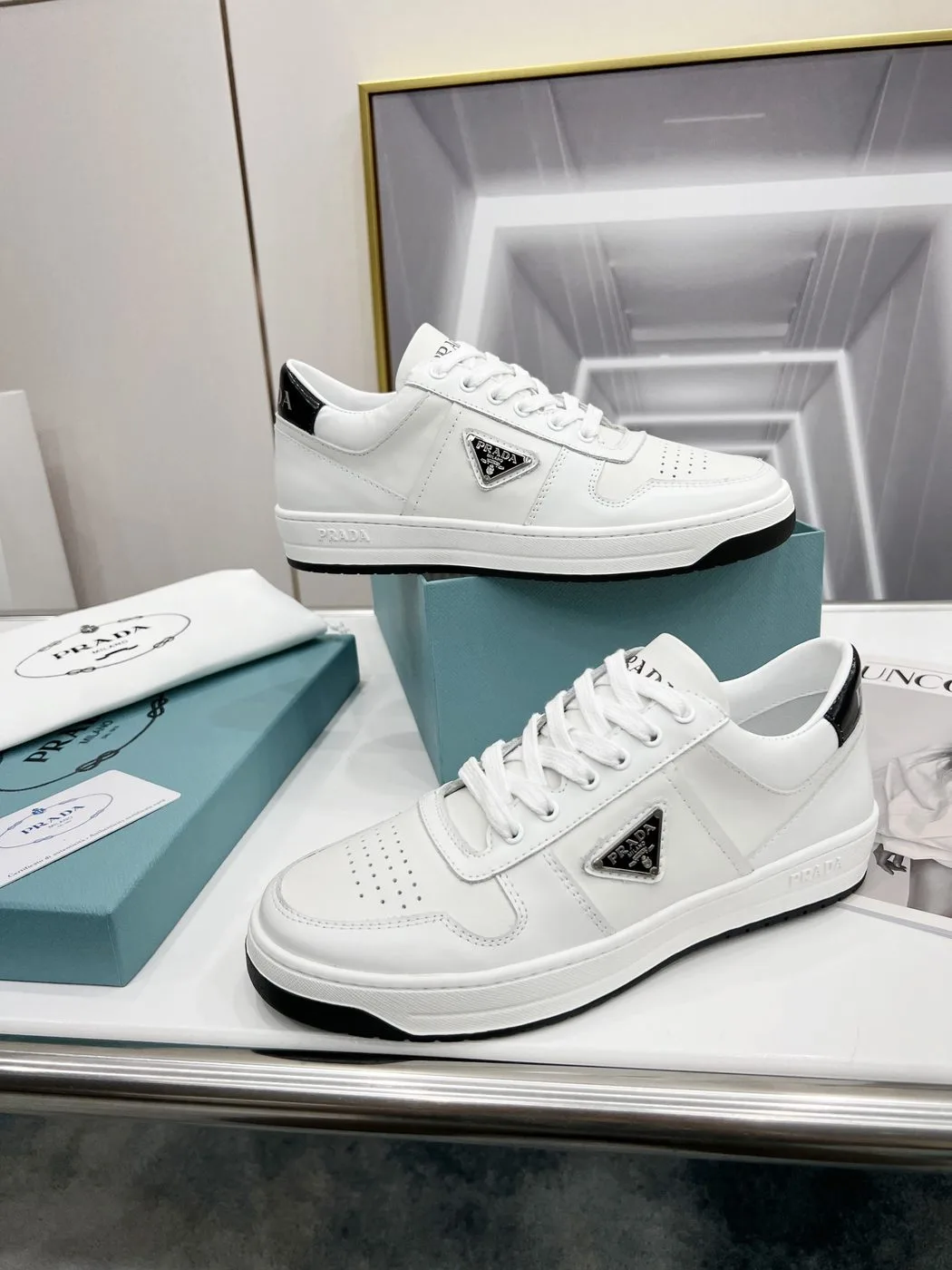 Prada Downtown Perforated Sneakers White/Black / - Image 7