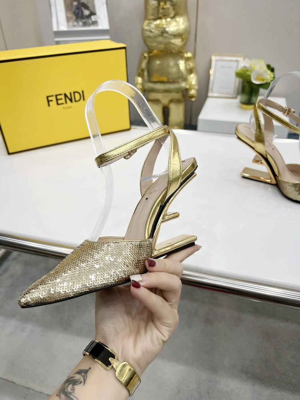 Fendi First Gold Glitter High-Heeled Slingbacks - Image 4
