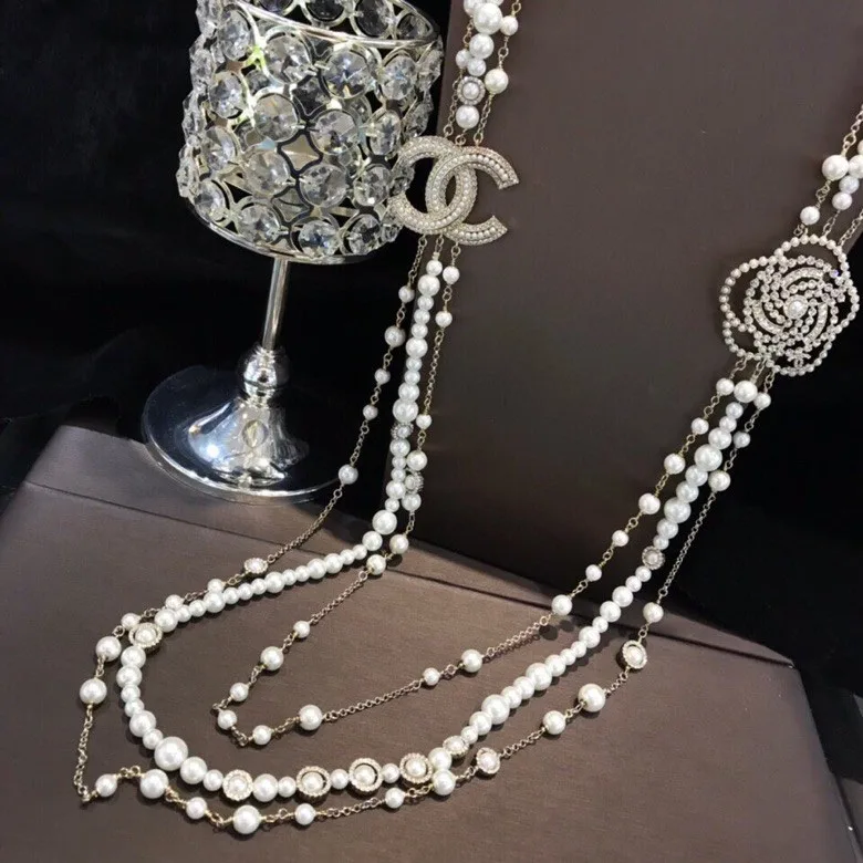 Chanel Multilayered Pearl And Camellia Long Necklace Gold Hardware - Image 3
