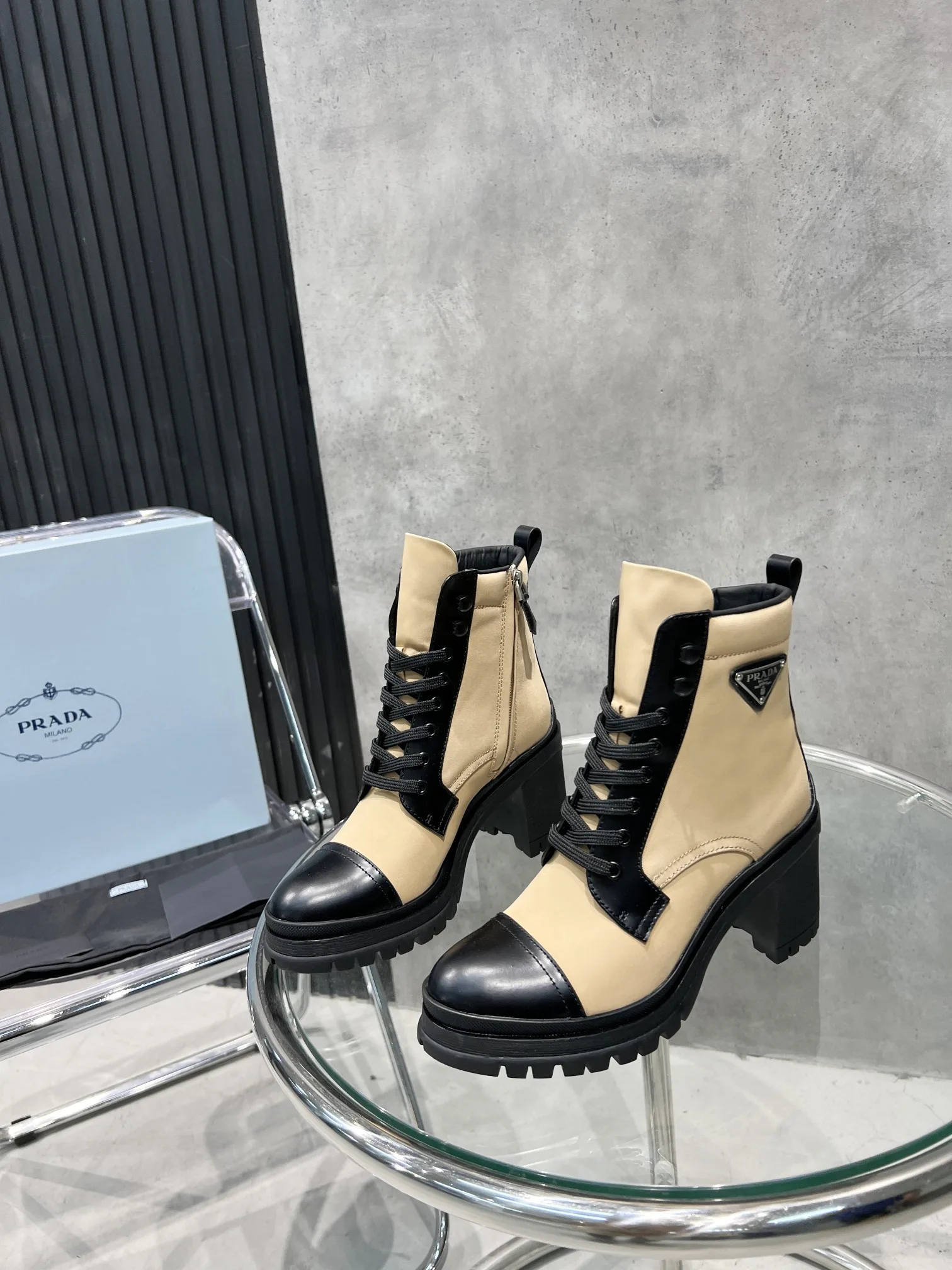 Prada Tronchetti Lace-Up Boots Beige PRD - Image 6