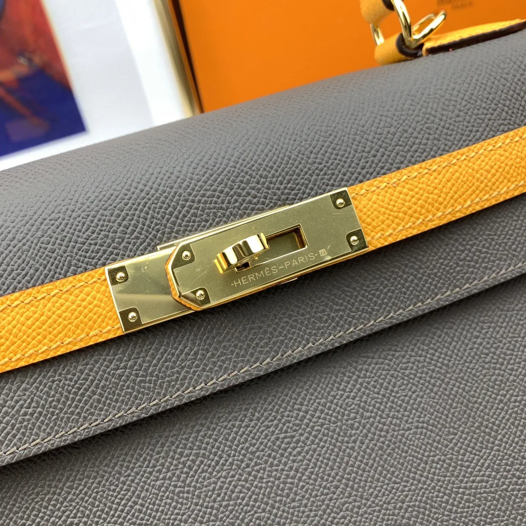 Hermes Kelly 28 Sellier Epsom Dark Grey/Yellow Bag - Image 5