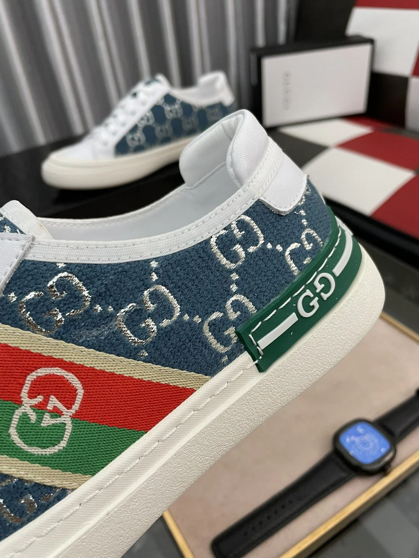 Gucci Men’s GG Embroidery Sneaker With Web White And Blue - Image 8