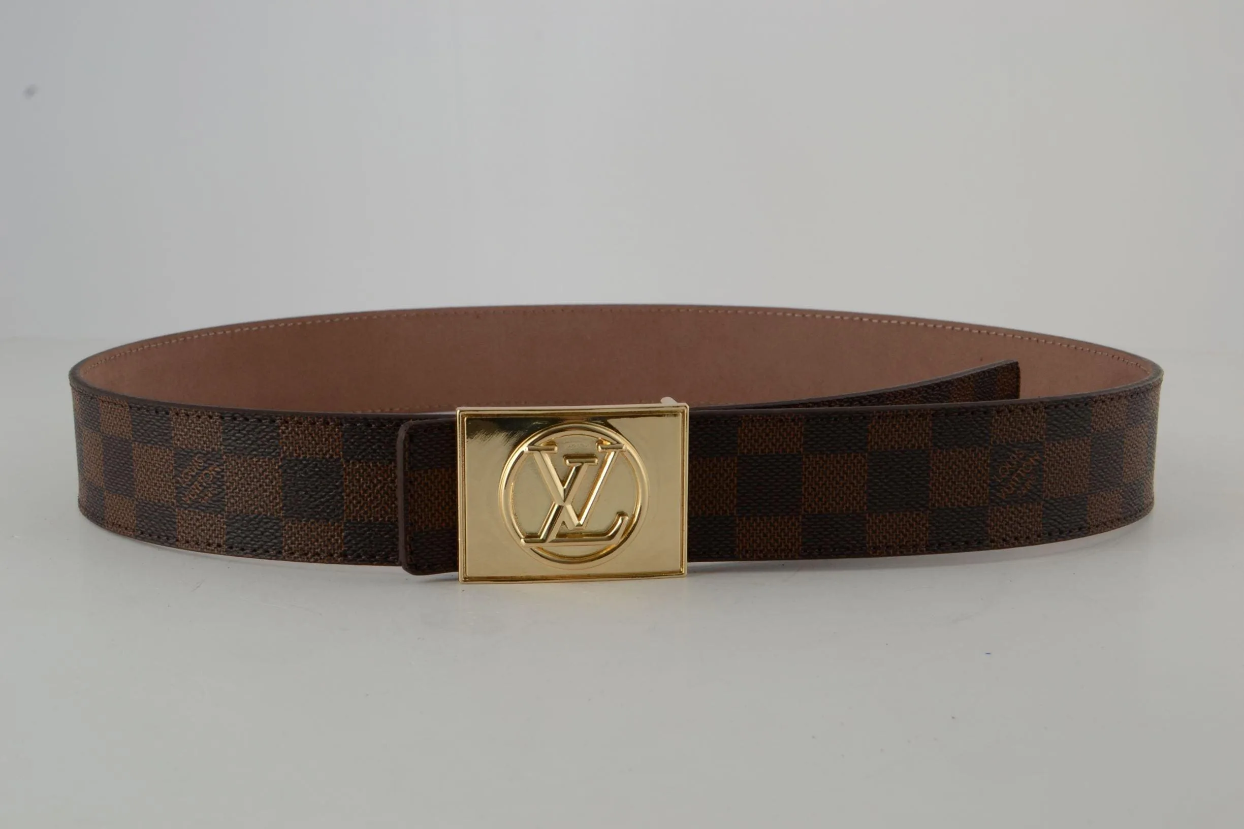 Brown Damier Gold Buckle Leather Belt - Image 4