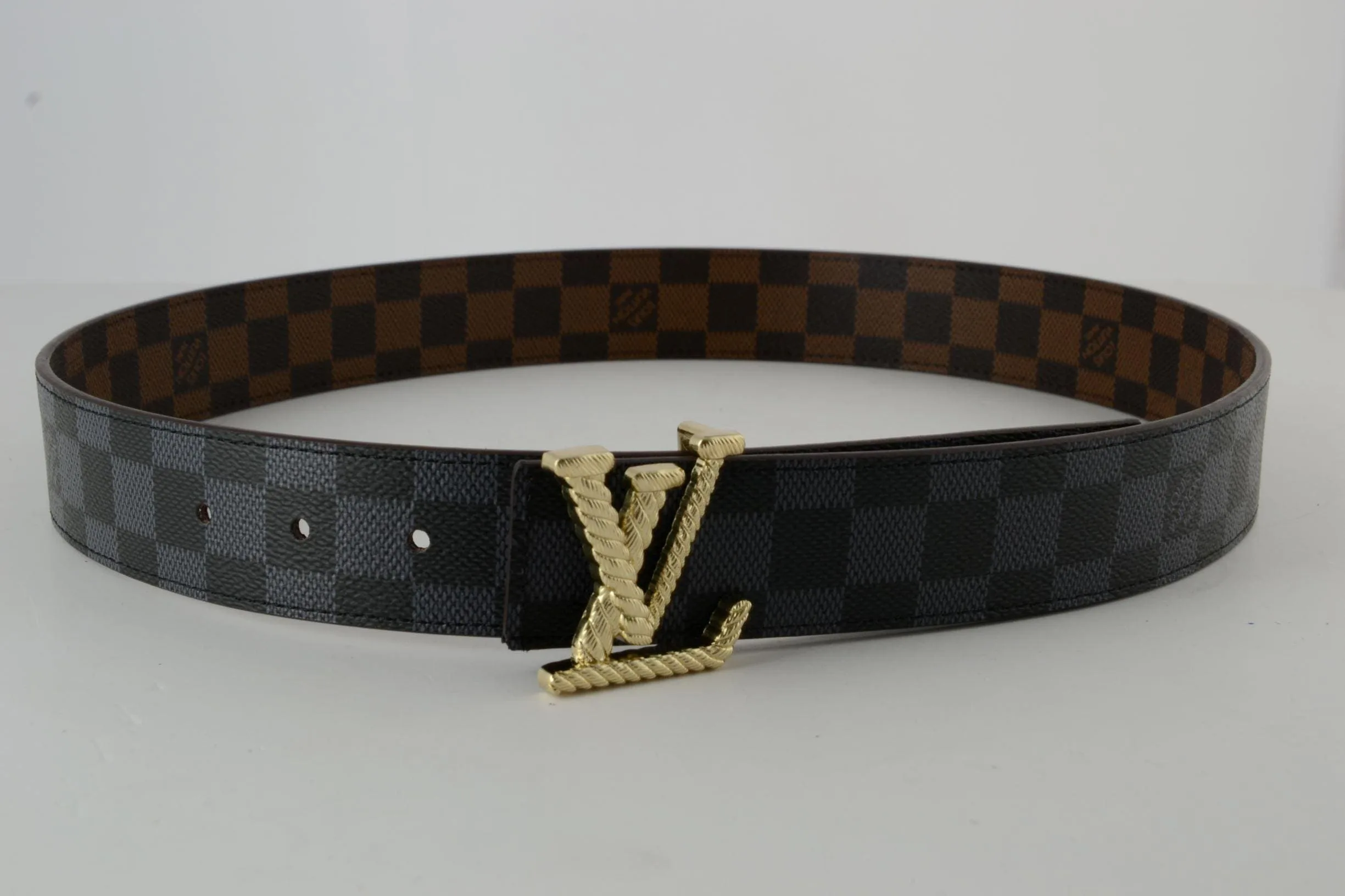 Reversible Brown & Grey Damier New Buckle Leather Belt - Image 3