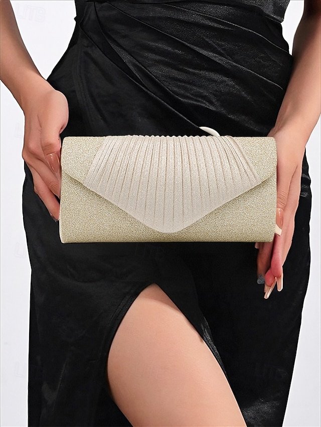 Champagne Glitter Evening Clutch Bag with Pleated Design - Image 3