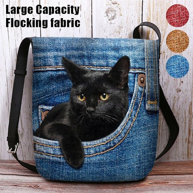 Cute Black Cat Denim Print Crossbody Bag