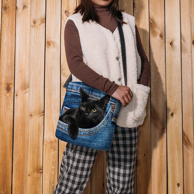 Cute Black Cat Denim Print Crossbody Bag - Image 2