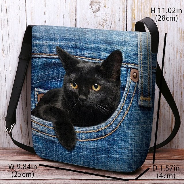 Cute Black Cat Denim Print Crossbody Bag - Image 3
