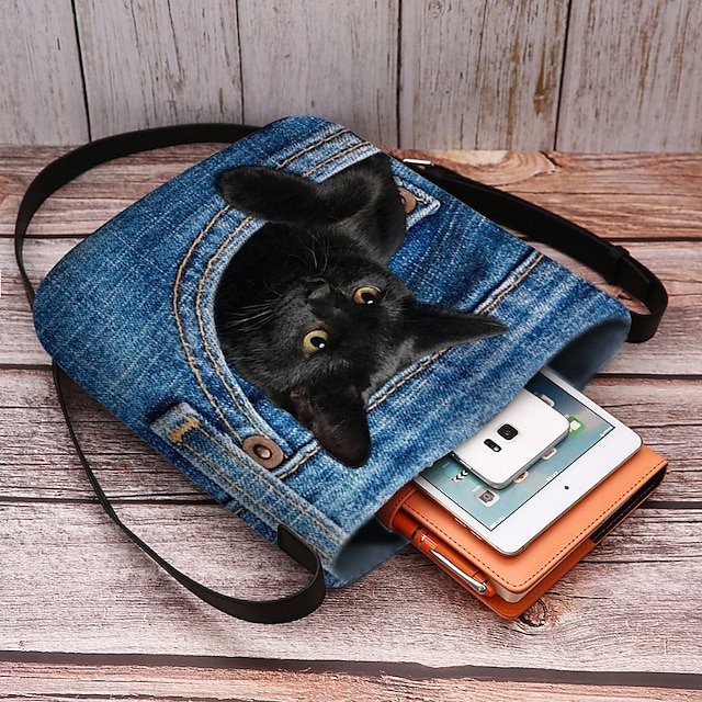Cute Black Cat Denim Print Crossbody Bag - Image 4