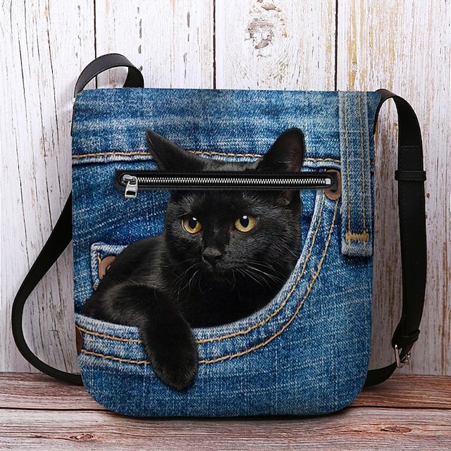 Cute Black Cat Denim Print Crossbody Bag - Image 6